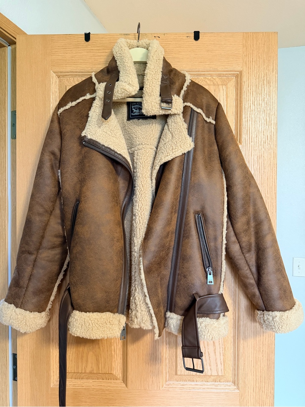 Levi's Brown Faux Shearling Oversized Aviator Jacket with Cream Trim